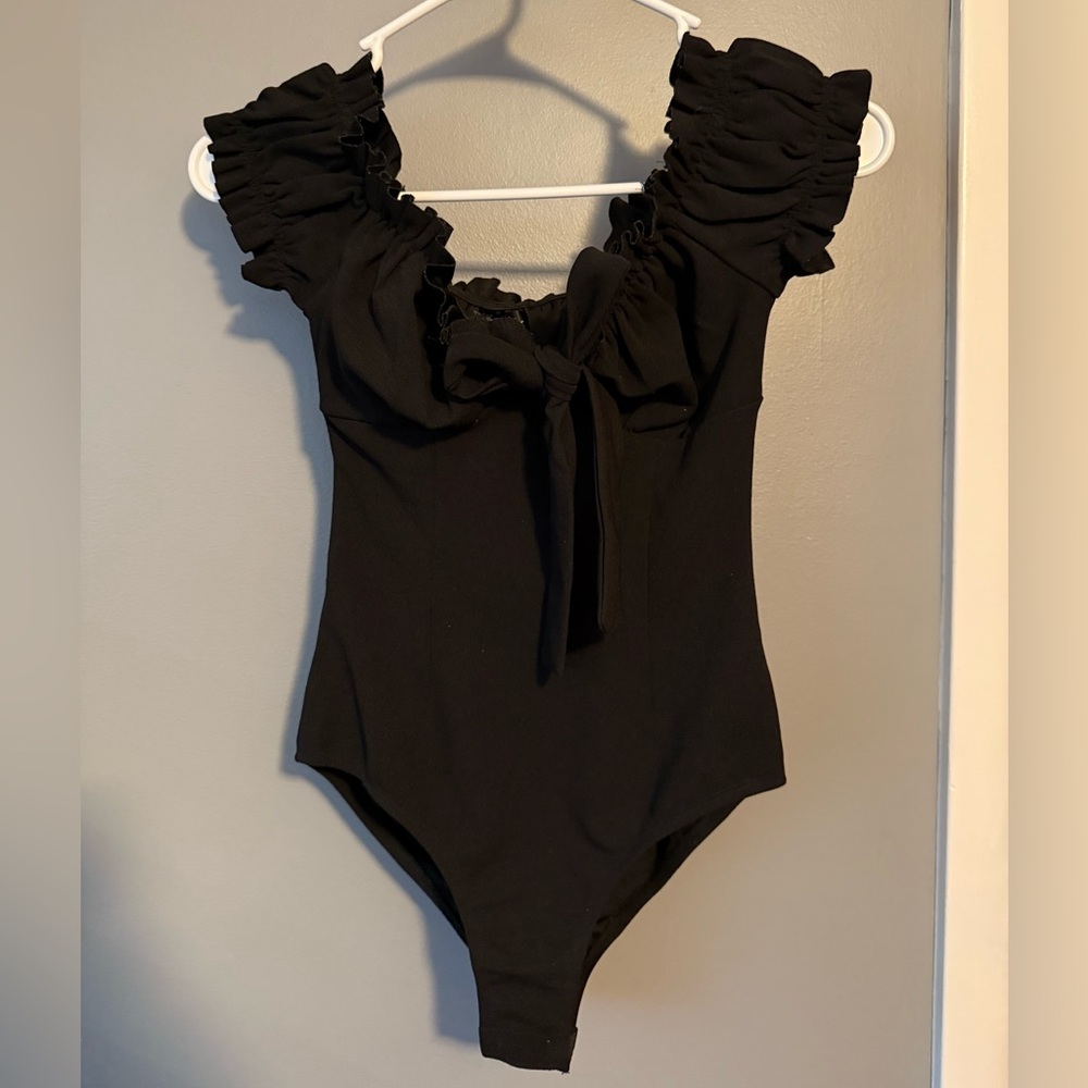 White Fox Boutique Black Ruffled Bodysuit